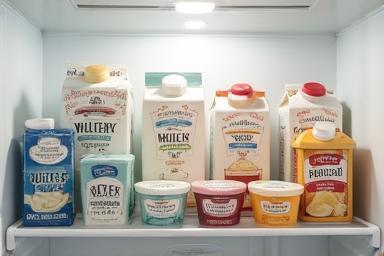 Various dairy products neatly organized in a refrigerator